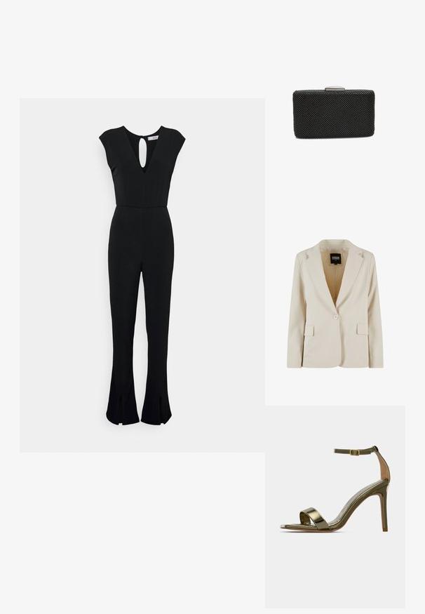 Creamfarvet blazer med én knap, revet revers og to klaplommer, mærket Urban Classics, størrelse XS.; WAL G. TIA SLIT TROUSER - Buksedragter - black; Guld højhælede sandaler med ankelrem og spænde, åben tå, slank stiletthæl og skinnende metalfinish på en ensfarvet baggrund.; Sort rektangulær clutch med tekstureret overflade, der har et metalspænde på toppen og en perledesign for ekstra detalje.