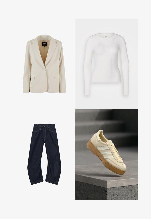 Crèmekleurige blazer met één knoop, met notch-revers en twee klepzakken, gelabeld Urban Classics, maat XS.; Witte lange mouwen geribbelde top met een ronde hals. De stof is soepel, met een subtiele textuur en een aansluitend ontwerp. Geen zichtbare hardware of patronen.; Donkerblauwe denim jeans met wijde pijpen, voorzakken, riemlussen en knoopsluiting, plat liggend op een witte achtergrond.; Beige suède sneaker met gumzool, witte strepen en "SPEZIAL" branding, zwevend boven een grijs trapvormig betonnen oppervlak.