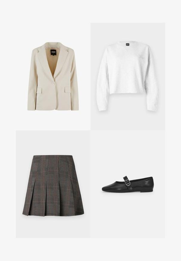 Creamfarvet blazer med én knap, revet revers og to klaplommer, mærket Urban Classics, størrelse XS.; Beskåret grå sweatshirt lavet af blødt stof; har en V-hals, lange ærmer og et lille broderet logo på venstre bryst.; Gråternet nederdel med plisseringer, prydet med intrikate mønstre i sort og hvid, akkompagneret af tynde røde linjer. Fremstillet af et struktureret stof.; Sorte læder flade sko med rund tå, et enkelt justerbart spænde og en glat, blank overflade. Minimalistisk design med en lav hæl.