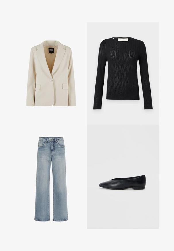 Creamfarvet blazer med én knap, revet revers og to klaplommer, mærket Urban Classics, størrelse XS.; Sort langærmet strikbluse med et chevron åbent mønster og rund hals, mærket "Selected" indeni kraven.; Lyseblå vidde jeans lavet af denim, med standard knap- og lynlåslukning, fem lommer og syning detaljer på sømmene.; Sorte læder flade sko med spids tå, let hævet hæl og glat overflade. Simpelt design uden synligt hardware eller mønstre.