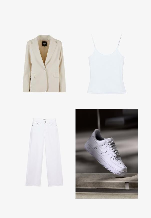 Krémový jednorozopínací blazer s výrezom v klopách a dvoma vreckami s krytkou, označený Urban Classics, veľkosť XS.; Biela dámska košieľka s tenkými špagetovými ramienkami a priliehavým, jednoduchým dizajnom.; Biele džínsy s vysokým pásom, širokými nohavicami, zapínaním na gombíky a zips, vreckami vpredu aj vzadu a detailmi zo strieborných nitov.; Biele tenisky Nike Air Force 1 vznášajúce sa nad betónovým povrchom so tieňmi v minimalistickom prostredí.