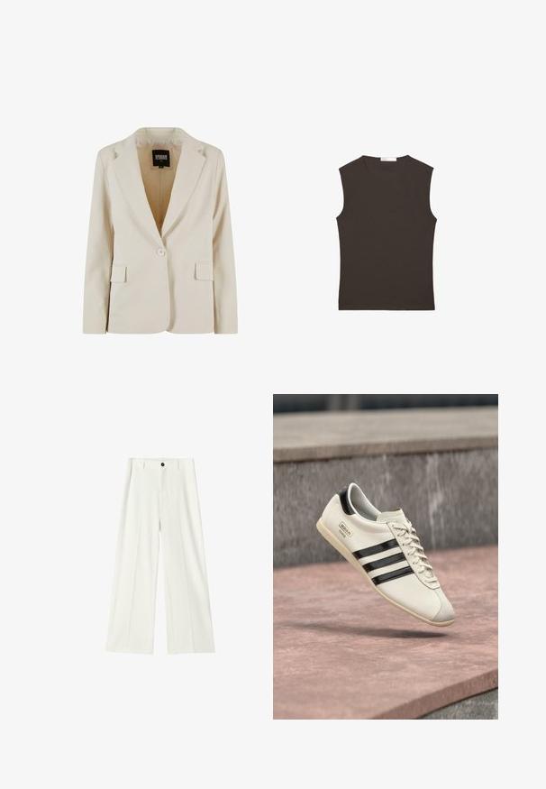 Krémový jednorozopínací blazer s výrezom v klopách a dvoma vreckami s krytkou, označený Urban Classics, veľkosť XS.; Bezrukávové tmavohnedé tielko s okrúhlym výstrihom a rovnými lemami, položené na bielom pozadí.; Biele široké nohavice s vysokým pásom, prednými záhybmi, pútkami na opasok a čiernym gombíkom na zapínanie v páse.; Biela teniska Adidas s čiernymi pruhmi a béžovou podrážkou, ktorá sa vznáša nad ružovkastým betónovým povrchom a sivým kamenným pozadím.