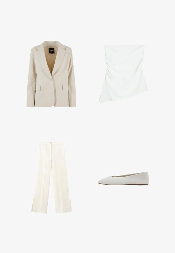 Crèmekleurige blazer met één knoop, met notch-revers en twee klepzakken, gelabeld Urban Classics, maat XS.; Witte asymmetrische top zonder bandjes met lichte plooidetails aan één kant, aangesloten stijl, strak en minimalistisch ontwerp.; Witte wijde broek met hoge taille, voorste knoop, lussen voor een riem en zijnaden die doorlopen tot kleine splitjes aan de zoom.; Witte platte schoen met een puntige neus, een glad bovenwerk van textiel, een lage hak en een minimalistische stijl zonder zichtbare patronen of versieringen.