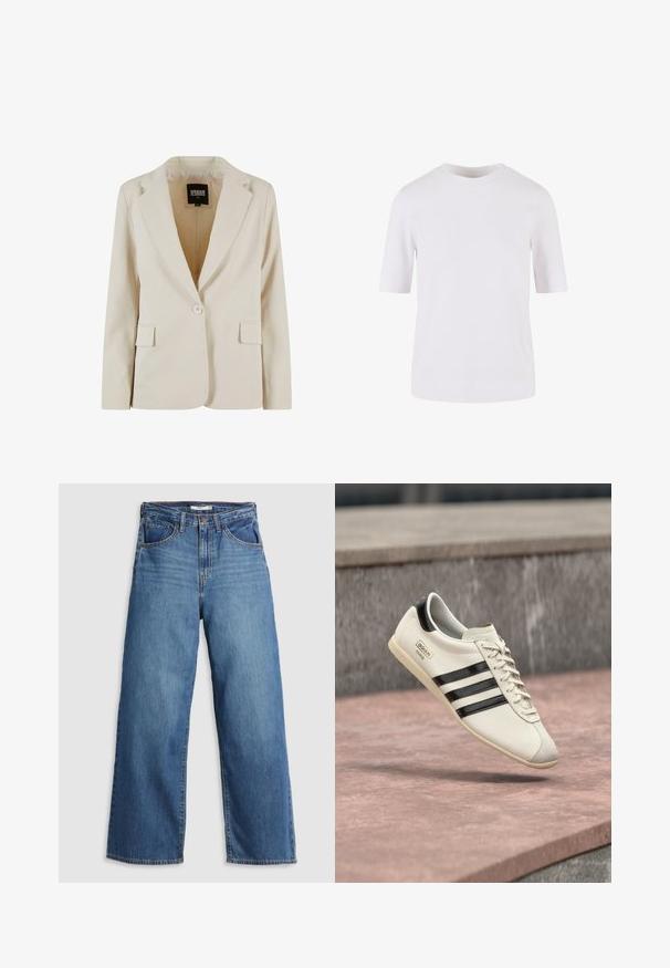 Crèmekleurige blazer met één knoop, met notch-revers en twee klepzakken, gelabeld Urban Classics, maat XS.; Witte T-shirt met korte mouwen, gemaakt van gladde katoen. Voorzien van een ronde halslijn en een rechte snit, zonder patronen of versieringen.; Blauwe denim wijdvallende jeans met hoge taille, voorzien van vijf zakken, contrasterende stiksels en een ritssluiting.; Witte Adidas sneaker met zwarte strepen en beige zool, zwevend boven een rozeachtig betonnen oppervlak en een grijze stenen achtergrond.