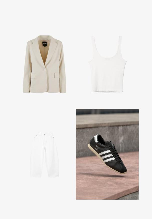 Creamfarvet blazer med én knap, revet revers og to klaplommer, mærket Urban Classics, størrelse XS.; Hvid bomulds tanktop med en rundet halsudskæring, uden ærmer og en tætsiddende pasform. Glat tekstur, ensartet design og minimale syninger.; Hvide, brede bomuldsjeans med knap- og lynlåslukning foran, bæltestropper og femlomme-design.; Sort lædersneaker med hvide striber og sål, snøret, svævende over en rosa betonoverflade med en grå stenvæg i baggrunden.