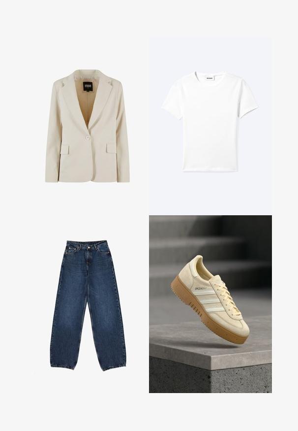 Crèmekleurige blazer met één knoop, met notch-revers en twee klepzakken, gelabeld Urban Classics, maat XS.; Effen wit T-shirt met korte mouwen en ronde hals met een klein "WEEKDAY" label aan de binnenkant van de hals, plat neergelegd op een lichte achtergrond.; Donkerblauwe brede spijkerbroeken van denim, met een hoge taille, vijf zakken, messing klinknagels en schone zomen.; Beige suède sneaker met gumzool, witte strepen en "SPEZIAL" branding, zwevend boven een grijs trapvormig betonnen oppervlak.