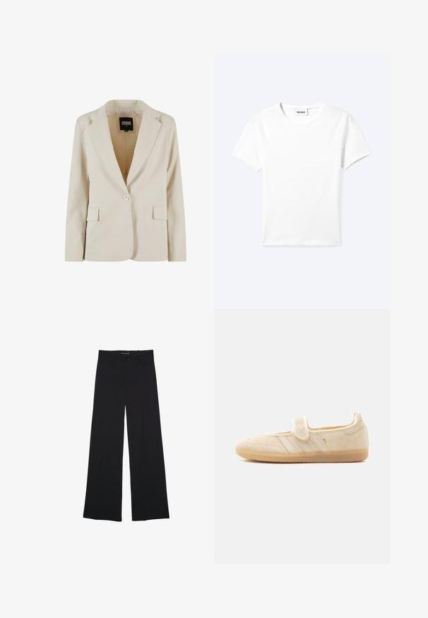 Krémový jednorozopínací blazer s výrezom v klopách a dvoma vreckami s krytkou, označený Urban Classics, veľkosť XS.; Jednofarebné biele tričko s krátkym rukávom a okrúhlym výstrihom, s malou štítkou "WEEKDAY" vo vnútri výstrihu, zobrazené na svetlom pozadí, položené na rovnej ploche.; Čierne široké nohavice so zapínaním na gombík a zips, pútkami na opasok a hladkým, upraveným povrchom.; Béžový semišový teniska Mary Jane s pásikom na suchý zips, gumovou podrážkou, tromi prešitými pásikmi a zlatým nápisom "SAMBA" na boku.