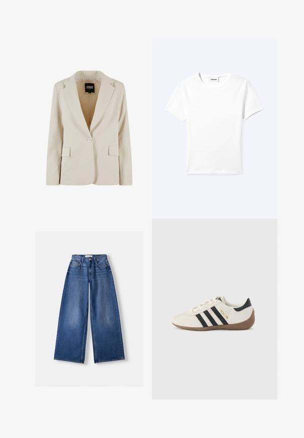 Crèmekleurige blazer met één knoop, met notch-revers en twee klepzakken, gelabeld Urban Classics, maat XS.; Effen wit T-shirt met korte mouwen en ronde hals met een klein "WEEKDAY" label aan de binnenkant van de hals, plat neergelegd op een lichte achtergrond.; Wijd uitlopende blauwe spijkerbroek met voorkanten, riemlussen en knoopsluiting, plat liggend op een lichte achtergrond.; Witte Adidas-sneaker met zwarte strepen, bruine gestructureerde zool en gouden "SPEZIAL"-letters aan de zijkant, gezien vanaf de buitenkant.