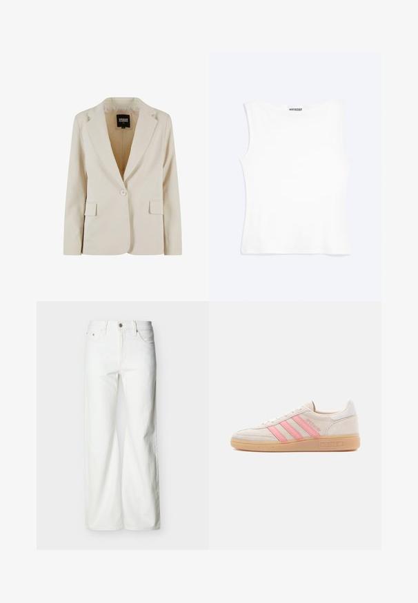 Creamfarvet blazer med én knap, revet revers og to klaplommer, mærket Urban Classics, størrelse XS.; Hvid tætsiddende ærmeløs tanktop med rund halsudskæring og minimalistisk design, mærket "WEEKDAY" indeni kraven.; Hvide jeans med høj talje og lige ben, med forreste knap, lynlåslukning samt sidelommer og baglommer, mod en ensartet lys baggrund.; Beige ruskindsneaker med lyserøde tre striber på siden. Har en tekstureret gummisål og en hvid hælaccents. Minimalistisk design.
