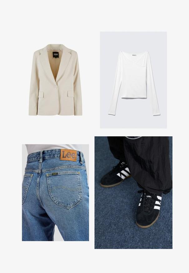Krémový jednorozopínací blazer s výrezom v klopách a dvoma vreckami s krytkou, označený Urban Classics, veľkosť XS.; Biela blúzka s dlhým rukávom a prekríženým dizajnom, s vreckom. Vyrobená z hladkej, elastickej látky. Strih v uvoľnenom, voľnom štýle.; Modré riflové nohavice s zadnými vreckami, ktoré majú žlté prešitie, a hnedou koženou záplatou značky Lee na páse.; Čierne roháčiky z semišu so tromi bielymi pruhmi a čiernymi šnúrkami. Texturované čierne nohavice sú čiastočne viditeľné vedľa topánok.