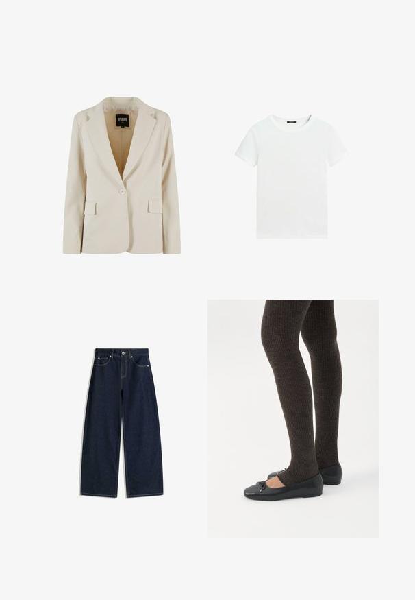 Creamfarvet blazer med én knap, revet revers og to klaplommer, mærket Urban Classics, størrelse XS.; Almindelig hvid T-shirt med korte ærmer, rund halsudskæring og lille sort label inden i kraven.; Mørkeblå bukser i denim med vid ben, forlommer, knaplukning og synlige sømme på hvid baggrund.; Ben iført mørke ribbede leggings kombineret med sorte balletsko med små sløjfedetaljer på hvid baggrund.