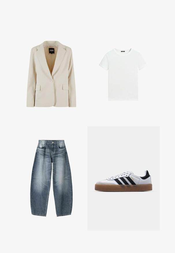 Crèmekleurige blazer met één knoop, met notch-revers en twee klepzakken, gelabeld Urban Classics, maat XS.; Effen wit T-shirt met korte mouwen, een ronde hals en een klein zwart labeltje aan de binnenkant van de kraag.; Wijd gesneden jeans van lichtblauwe denim met vervaging, met een vijf-pocket ontwerp, knoopsluiting en minimale stikdetails.; Witte leren sneakers met zwarte strepen, gumrubberen buitenzool, ronde neus, vetersluiting en een zachte grijze suède neuskap.