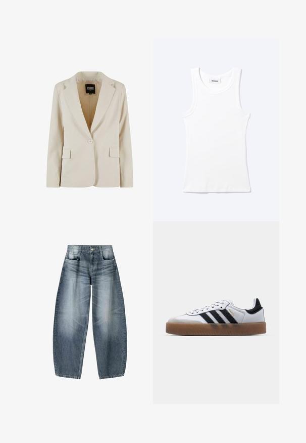 Krémový jednorozopínací blazer s výrezom v klopách a dvoma vreckami s krytkou, označený Urban Classics, veľkosť XS.; Biely rebrovaný tielkový top bez rukávov s okrúhlym výstrihom a malou štítkou s nápisom "WEEKDAY" vo vnútri goliera.; Džínsy s širokými nohavicami vyrobené z svetlomodrého denim materiálu s opotrebovaním, s piatimi vreckami, zapínaním na gombík a minimálnym prešívaním.; Biele kožené tenisky s čiernymi pruhmi, gumová podrážka, okrúhla špička, šnurovanie a mäkký sivý semišový špička.