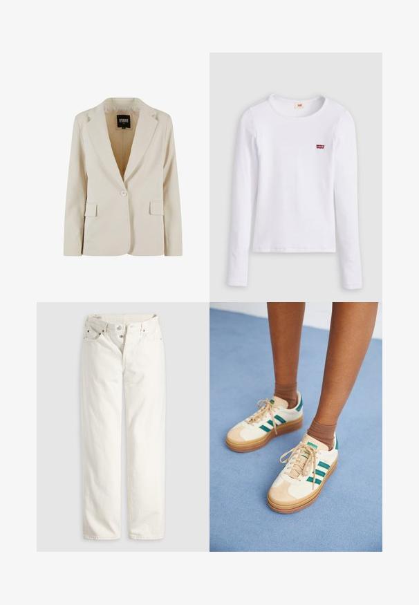Creamfarvet blazer med én knap, revet revers og to klaplommer, mærket Urban Classics, størrelse XS.; Hvid Levi's langærmet skjorte med rund halsudskæring og lille rødt Levi's-logo på venstre bryst, vist på en ensfarvet baggrund.; Hvide jeans med høj talje, lige ben, knaplukning, lommer foran og bagpå samt synlige kobbernitter i lommekanterne.; Beige sneakers med mørkegrønne striber, gummisål, overdel i ruskind og tekstil samt neutralt hardware, parret med brune sokker på en lyseblå overflade.