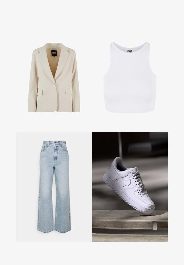 Creamfarvet blazer med én knap, revet revers og to klaplommer, mærket Urban Classics, størrelse XS.; Hvid ribbet cropped tanktop med brede skulderstropper og en rund udskæring. Har en blød tekstur og et minimalistisk design uden mønstre.; Lysblå denim brede ben jeans med høj talje, klassisk fem-lomme design og kontrasterende syninger. Uslebne kanter i bunden.; Hvid Nike Air Force 1 sneaker svævende over en betonoverflade med skygger i et minimalistisk miljø.