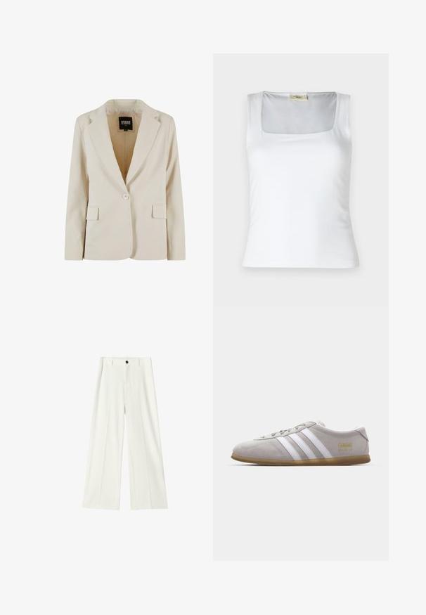 Creamfarvet blazer med én knap, revet revers og to klaplommer, mærket Urban Classics, størrelse XS.; Hvid top med firkantet halsudskæring lavet af glat stof. Har brede stropper og en tætsiddende silhuet. Ingen synlige mønstre eller dekorationer.; Hvide bukser med høj talje og vide ben, med forreste plisseringer, bæltestropper og sort knaplukning ved linningen.; Grå suedestøvle med hvide læderstriber og guldlogo-detalje. Flad gummisål, rund tå og klassisk snølukkedesign.