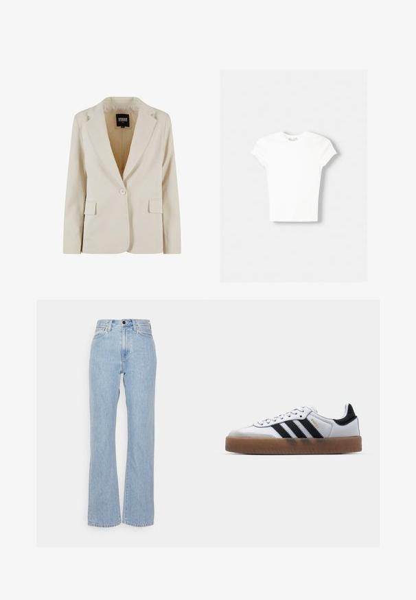 Creamfarvet blazer med én knap, revet revers og to klaplommer, mærket Urban Classics, størrelse XS.; Hvid kortærmet t-shirt lavet af blød bomuld, med rund halsudskæring og en tætsiddende form. Ingen synlige mønstre eller udsmykninger.; Lysblå denimjeans med høj talje, bred benudskæring, med bæltestropper, knaplukning foran og klassisk fem-lommer stil.; Hvide lædersneakers med sorte striber, gummirubber sål, rund tå, snørelukning og blød grå ruskinds tåhætte.