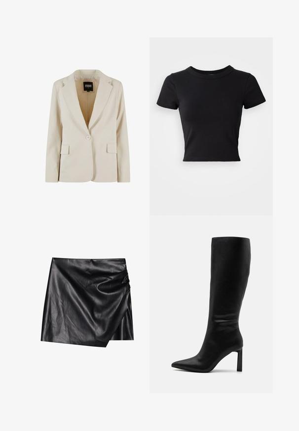 Krémový jednorozopínací blazer s výrezom v klopách a dvoma vreckami s krytkou, označený Urban Classics, veľkosť XS.; Čierne skrátené tričko vyrobené z pevnej bavlny, s krátkymi rukávmi a okrúhlym výstrihom, s hladkým a jednoduchým dizajnom.; Čierna kožená mini sukňa s prekrývacím dizajnom, s jemnou, hladkou textúrou a decentnými záhybmi na jednej strane.; Even&Odd Čižmy - black
