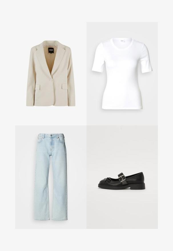Crèmekleurige blazer met één knoop, met notch-revers en twee klepzakken, gelabeld Urban Classics, maat XS.; Wit T-shirt met korte mouwen van glad katoen, met een ronde halslijn en een aangesloten pasvorm. Klassiek ontwerp, zonder patronen of accenten.; Lichtblauwe jeans met wijd uitlopende pijpen, gemaakt van denim. Voorzien van een klassiek ontwerp met vijf zakken, broekriemlussen en een knoopsluiting. Licht verweerde uitstraling.; Zwarte leren Mary Jane-schoen met een ronde neus, enkelband en details met zilveren gesp. Heeft een platte, chunkyzool en een strikaccent.