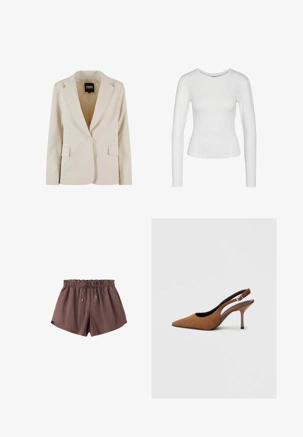 Blazer crème à bouton unique, avec revers crantés et deux poches à rabats, étiqueté Urban Classics, taille XS.; T-shirt blanc ajusté à manches longues avec col rond, présenté sur un fond blanc sans motifs ni logos visibles.; Shorts marron à taille élastique avec cordon à l'avant et ourlets latéraux incurvés sur fond blanc.; Escarpins slingbacks en daim marron avec un bout pointu, un talon aiguille fin et une boucle en accent sur la bride. Finition texturée.