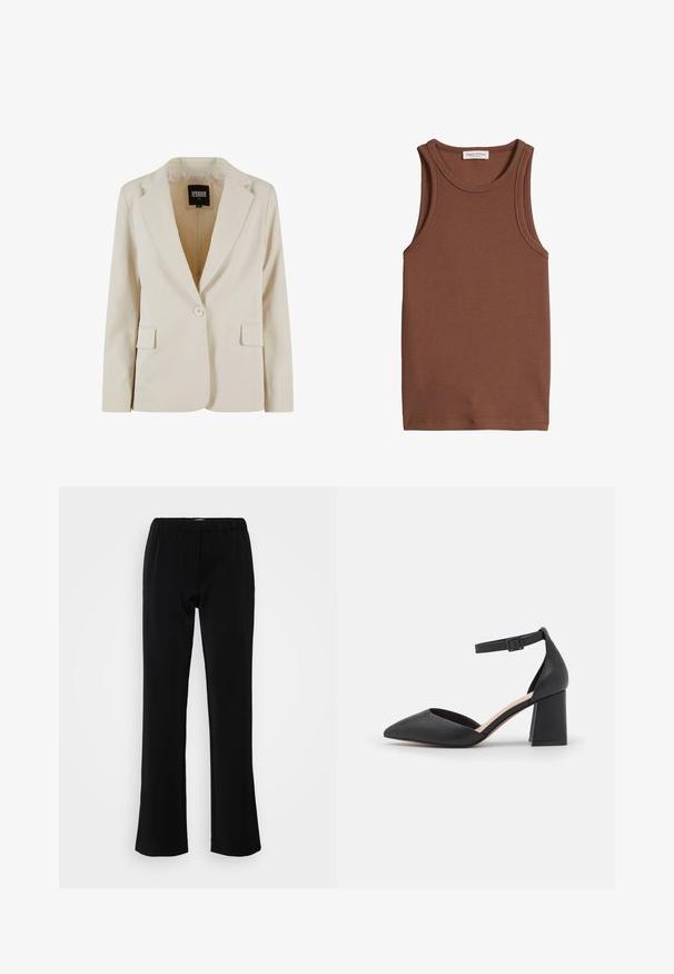 Blazer crème à bouton unique, avec revers crantés et deux poches à rabats, étiqueté Urban Classics, taille XS.; Débardeur marron côtelé sans manches avec encolure ronde et étiquette visible de la marque Marc O’Polo à l’intérieur du col.; Pantalons noirs avec un design évasé, fabriqués en tissu lisse. Présentent une taille élastique pour le confort et une silhouette épurée et simple.; Escarpin en cuir noir à bout fermé avec talon bloc et bride de cheville ajustable, présenté sur un fond blanc.