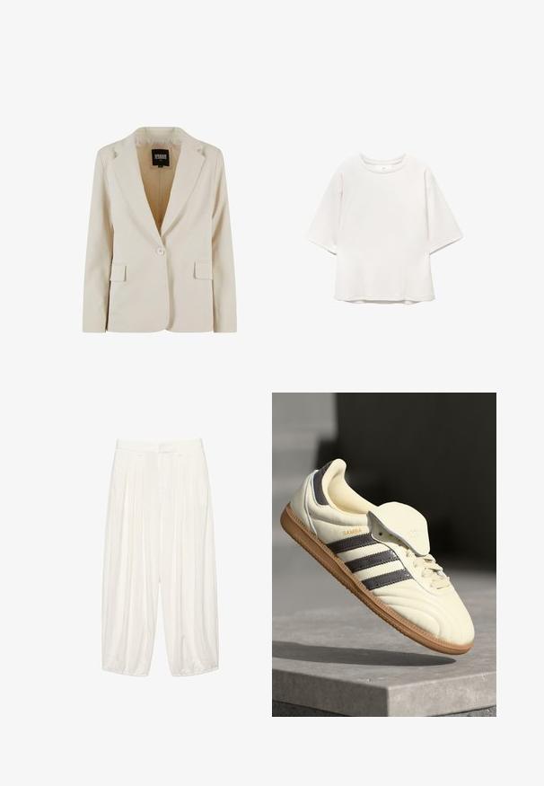 Creamfarvet blazer med én knap, revet revers og to klaplommer, mærket Urban Classics, størrelse XS.; Hvid kortærmet t-shirt med rund hals og raglanærmer samt subtile sømdetaljer på fronten og skuldrene, lagt fladt på hvid baggrund.; Hvidt, vidtstrålende bukser med høj talje, plisseringer, bæltestropper og elastiske manchetter, vist på en hvid baggrund.; Cremefarvede lædersneakers med tre mørke striber, en brun gummisål og en afrundet tå. Har en foldbar tunge mærket "SAMBA."