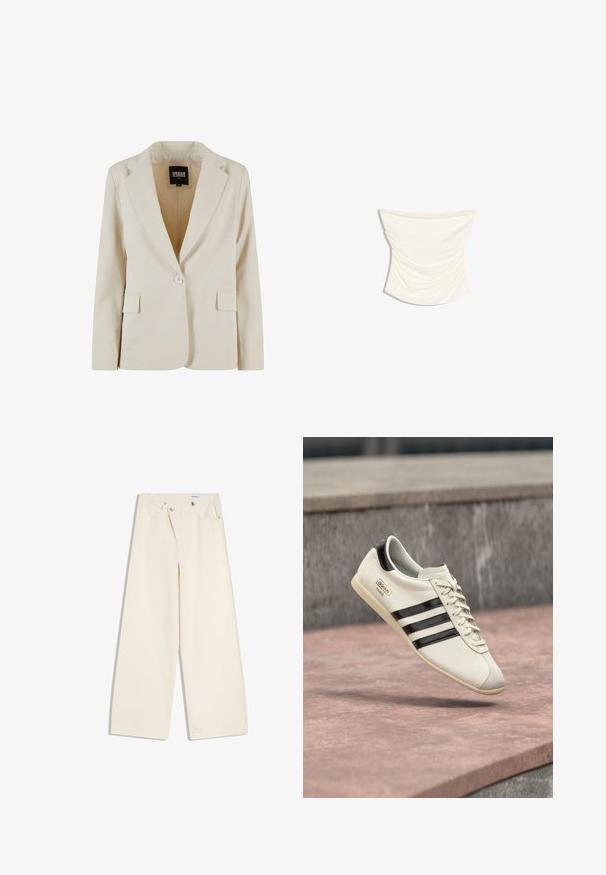 Blazer crème à bouton unique, avec revers crantés et deux poches à rabats, étiqueté Urban Classics, taille XS.; Haut tube drapé en satin couleur crème avec un design froncé et un ourlet légèrement incurvé sur fond blanc.; Pantalon large couleur écru avec poches avant, passants pour ceinture, et boutons argentés sur la ceinture et les bords des poches.; Baskets blanches Adidas avec des rayures noires et une semelle beige, flottant au-dessus d'une surface en béton rosâtre et d'un fond en pierre grise.