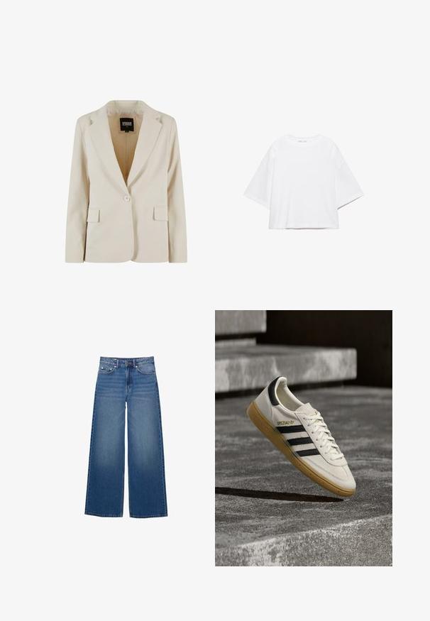 Crèmekleurige blazer met één knoop, met notch-revers en twee klepzakken, gelabeld Urban Classics, maat XS.; Wit, kort mouw, boxy t-shirt gemaakt van zacht katoen. Heeft een ronde hals en brede mouwen, met een strak, eenvoudig ontwerp.; Wide-leg spijkerbroeken in een medium blauwe wassing, met een hoge taille, ontwerp met vijf zakken en gestikte details langs de naden.; Witte Adidas Spezial sneaker met zwarte strepen en gumzool, zwevend boven grijze stenen trappen buiten.