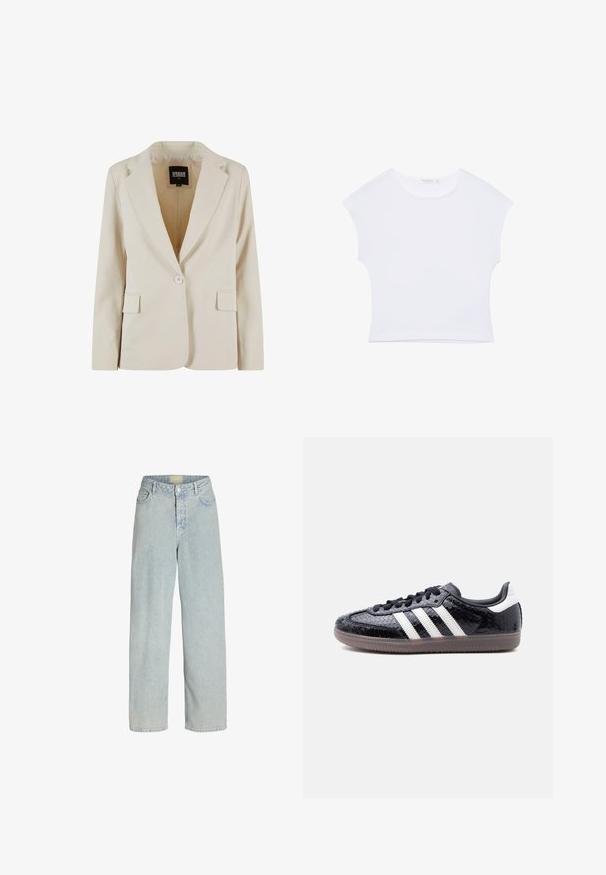 Krémový jednorozopínací blazer s výrezom v klopách a dvoma vreckami s krytkou, označený Urban Classics, veľkosť XS.; Biele krátke tričko s krátkym rukávom a okrúhlym výstrihom, vyrobené z hladkej látky, položené na bielom pozadí.; Svetlo modré džínsy s širokými nohavicami a vysokým pásom, predné vrecká a zapínanie na gombík. Tkanina má mäkký, mierne textúrovaný vzhľad.; Nízky čierny teniska s textúrou pripomínajúcou hadiu kožu, bielymi pruhmi na boku, čiernymi šnúrkami a priehľadnou hnedou podrážkou.