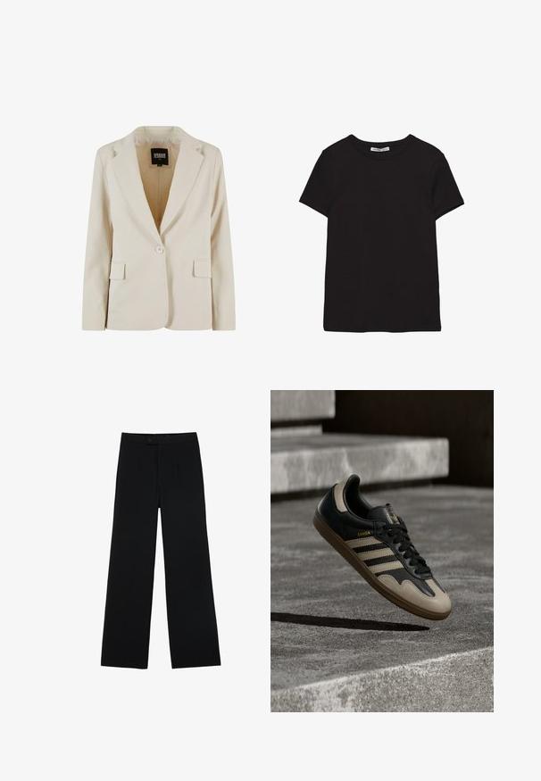 Blazer crème à bouton unique, avec revers crantés et deux poches à rabats, étiqueté Urban Classics, taille XS.; T-shirt noir en coton à manches courtes avec encolure ronde, coupe standard et étiquette intérieure visible au niveau du col.; Pantalons noirs à jambes larges en tissu lisse, dotés d'une fermeture à bouton à l'avant et de deux plis pour un détail supplémentaire. Design ajusté dans l'ensemble.; Baskets en cuir noir et beige avec trois bandes blanches, semelle en caoutchouc beige et détail en or "Samba" sur le côté.