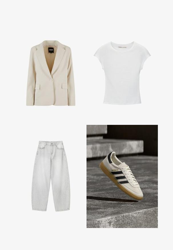 Krémový jednorozopínací blazer s výrezom v klopách a dvoma vreckami s krytkou, označený Urban Classics, veľkosť XS.; Biele bavlnené tričko s krátkymi, stočenými rukávmi, okrúhlym výstrihom a rovnou lemovkou. Hladká textúra bez viditeľných vzorov alebo akcentov.; Svetlo šedé široké džínsy vyrobené z denimu, s prednými vreckami, gombíkovým pásom a mierne vyblednutým povrchom.; Biela teniska Adidas Spezial s čiernymi pásikmi a gumovou podrážkou vznášajúca sa nad sivými kamennými schodmi vonku.
