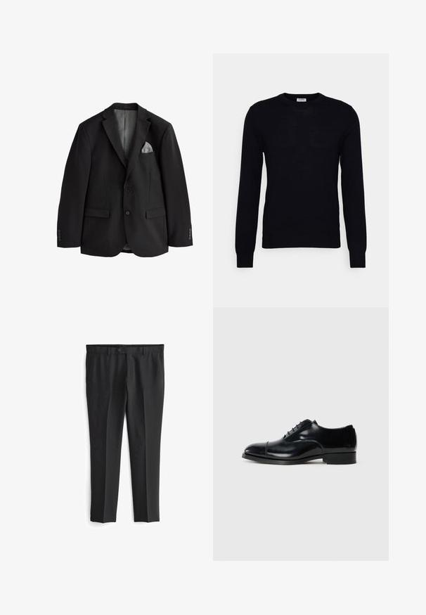 Blazer homme noir sur mesure avec deux boutons, revers crantés, poches à rabat et un mouchoir gris dans la poche sur fond blanc.; Pull noir à manches longues en tricot doux. Encolure ronde, poignets et ourlet côtelés. Design minimaliste sans motifs ni boutons visibles.; Pantalons noirs ajustés avec un devant plat, deux poches latérales et une fermeture à bouton. Texture lisse et design à jambe droite.; Chaussure de ville en cuir noir avec une finition polie, bout rond, design à lacets et un petit talon empilé, présentant un détail de couture subtil.