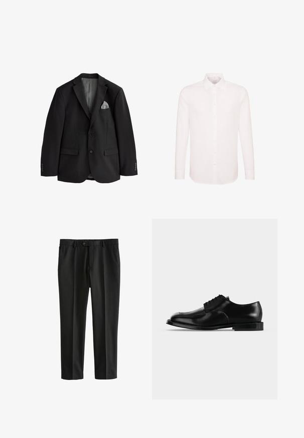 Blazer homme noir sur mesure avec deux boutons, revers crantés, poches à rabat et un mouchoir gris dans la poche sur fond blanc.; Chemise blanche à manches longues avec fermeture boutonnée à l'avant et col classique, présentée sur un fond blanc uni.; Pantalons noirs en tissu lisse, avec une coupe droite, plis devant, taille standard et fermeture à un bouton.; Chaussure de ville pour homme en cuir noir avec lacets, finition lisse et talon bas, vue de profil sur un fond clair uni.