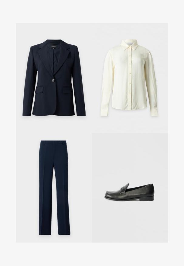 Blazer marine en tissu lisse, avec un col cranté, une fermeture à un bouton, deux poches avant et une poche poitrine.; Blouse crème à manches longues avec col pointu et boutons devant, présentée sur un fond uni sans motifs ni objets supplémentaires.; Pantalons bleu marine en tissu lisse, présentant un design à jambe droite avec des plis avant et des poches latérales pour une allure soignée.; Mocassins en cuir noir avec un bout arrondi, des détails de couture surélevés et un talon bas empilé. Texture lisse avec un éclat subtil.