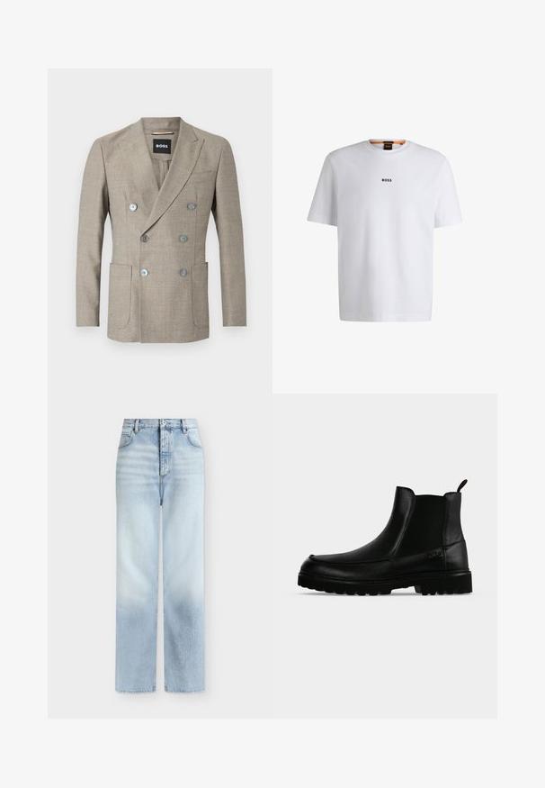 Beige Doppelreiher-Blazer aus strukturierter Stoffqualität mit zwei Vorderaschen und metallischen Knöpfen. Das Etikett zeigt "BOSS" an.; Weißes Baumwoll-T-Shirt mit kurzen Ärmeln, ausgestattet mit einem schwarzen "BOSS"-Logo, das mittig auf der Brust platziert ist, und einem runden Halsausschnitt.; Hellblaue, hoch taillierte Jeans mit geradem Bein, Fronttaschen, Gürtelschlaufen und einem Knopfverschluss.; Schwarzer Lederknöchelstiefel mit strukturierter Sohle, elastischen Seitenteilen und Zuglasche vor einem hellgrauen Hintergrund.