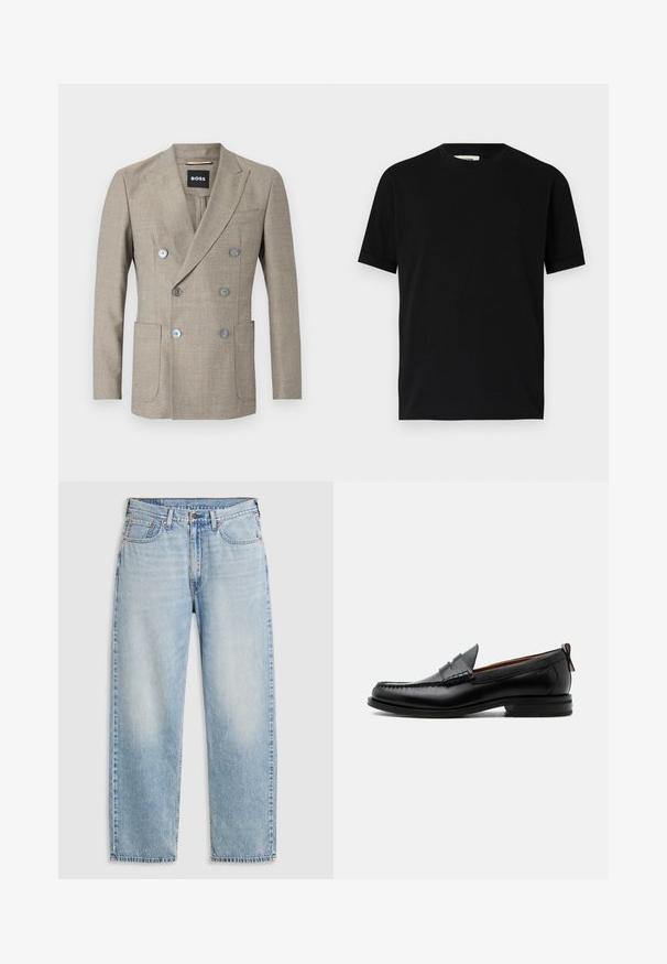 Beige Doppelreiher-Blazer aus strukturierter Stoffqualität mit zwei Vorderaschen und metallischen Knöpfen. Das Etikett zeigt "BOSS" an.; Schwarzes kurzärmliges T-Shirt aus Baumwolle mit Rundhalsausschnitt und lockerer Passform. Sanfte Textur, keine Muster oder sichtbaren Logos.; Helleblaue Jeans im geraden Schnitt mit fünf Taschen, Metallknopfverschluss und verblasstem Detail an Oberschenkeln und Knien, flach auf einem weißen Hintergrund ausgebreitet.; Schwarzer Leder-Herrenschuh mit Mokassinnaht, Penny-Riemen, strukturiertem Kragen und niedrigem gestapeltem Absatz auf weißem Hintergrund.