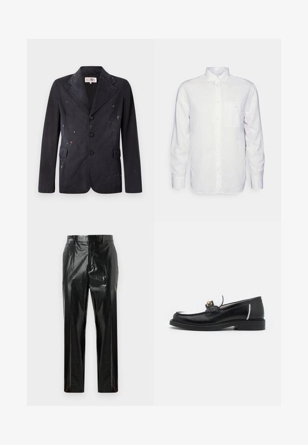Sort bomuldsblazer med et skræddersyet design, der har en notched flipping, fire knapper og malingspletter i forskellige farver hen over stoffet.; Langærmet hvid skjorte lavet af bomuld, med en knap-down krave, brystlomme og almindelig pasform. Struktureret stof med en glat overflade.; Sorte højglans vinyl lige bukser med bæltestropper, skjult frontlukning og pressede folder.; Sort læder loafers med rund tå, hvide detaljer og guldbelagte metaldele på vamps. Har et struktureret patch og stablet hæl.