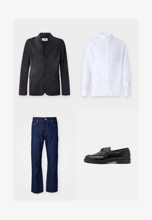 Sort bomuldsblazer med et skræddersyet design, der har en notched flipping, fire knapper og malingspletter i forskellige farver hen over stoffet.; Hvid langærmet skjorte med knapper lavet af bomuld, med en brystlomme med tonal broderi, krave og knapmanchetter.; Mørkeblå denimjeans med lige pasform. Funktionen inkluderer fem lommer, orange syninger og en metalknaplukning i taljen.; Sorte læder loafers med rund tå og en dekorativ spændeaccent. Flad, solid hæl og glat tekstur hele vejen igennem.