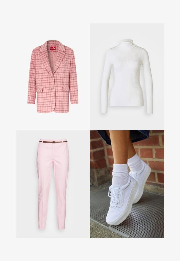 Blazer en laine rose avec motif à carreaux marron, col à revers cranté, deux poches à rabat, une poche poitrine et deux boutons décoratifs en argent.; Pull en maille côtelée blanche avec col roulé et manches longues, présentant un design ajusté et une texture douce. Col plat et look sans couture.; b.young BYDAYS CIGARET 2 - Chino - parfait pink; Baskets en toile blanches avec semelles en caoutchouc, dotées de six œillets, d'un bout rond et de détails de couture légers, portées avec des chaussettes blanches mi-mollet.