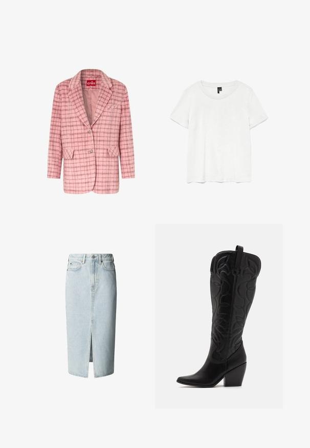 Blazer en laine rose avec motif à carreaux marron, col à revers cranté, deux poches à rabat, une poche poitrine et deux boutons décoratifs en argent.; T-shirt blanc à manches courtes avec un col rond, fabriqué en tissu léger. Design simple, texture lisse et ourlet droit.; Jupe midi en denim bleu clair avec fente devant, passants de ceinture, fermeture par bouton et zip, ainsi que poches avant et arrière.; Bottes hautes en cuir noir jusqu'aux genoux avec bout pointu et talon empilé. Caractéristiques de coutures décoratives et éléments de design courbés.