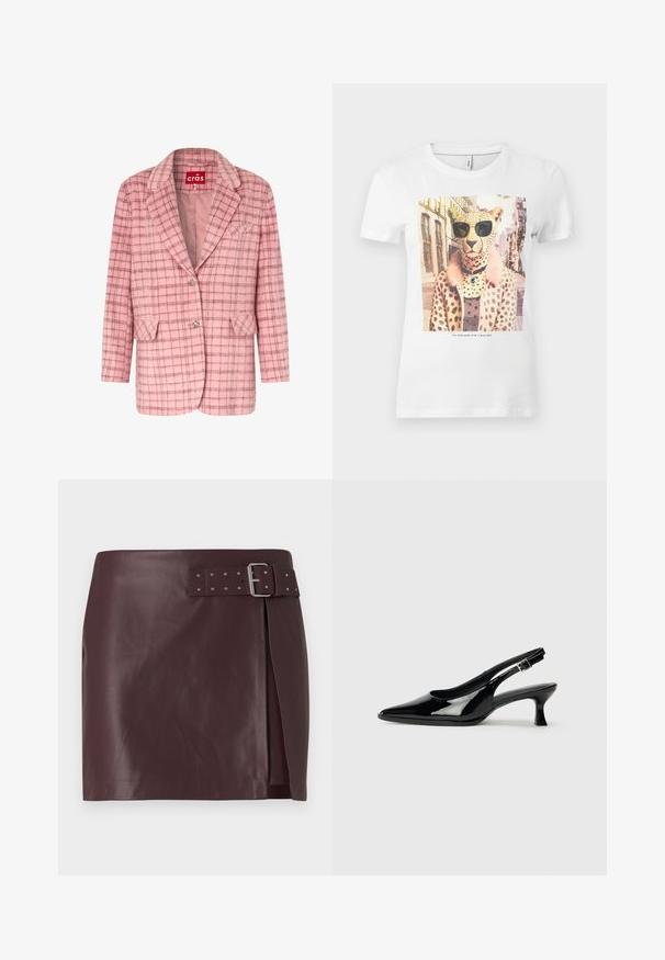 Blazer en laine rose avec motif à carreaux marron, col à revers cranté, deux poches à rabat, une poche poitrine et deux boutons décoratifs en argent.; T-shirt en coton blanc avec un imprimé graphique d'un léopard portant des lunettes de soleil, avec un col en fourrure rose et des taches brunes sur le corps.; Jupe en simili cuir bordeaux avec une taille ceinturée et une boucle métallique, présentant une fente sur le côté et une texture lisse et polie.; Escarpins en cuir verni noir avec un bout pointu et un petit talon carré. Sangle réglable à la cheville avec boucle.