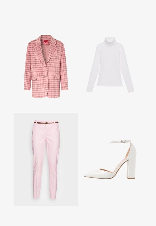 Blazer en laine rose avec motif à carreaux marron, col à revers cranté, deux poches à rabat, une poche poitrine et deux boutons décoratifs en argent.; Haut à col roulé à manches longues blanc, fabriqué en tissu lisse et extensible. Il présente un col haut et une coupe ajustée, sans motifs ni embellissements visibles.; b.young BYDAYS CIGARET 2 - Chino - parfait pink; Chaussure à talon aiguille en cuir verni blanc avec un côté ouvert, bout pointu, bride de cheville avec boucle et talon épais.