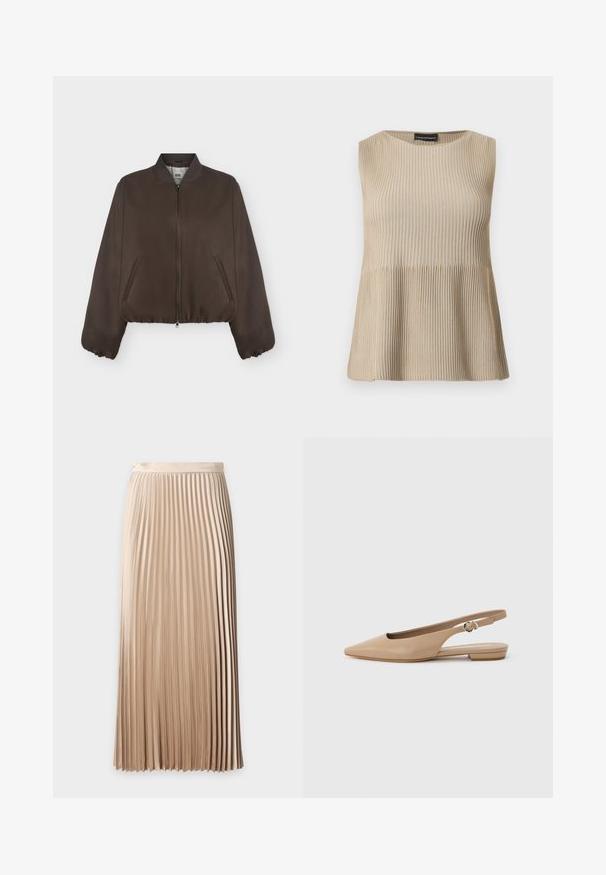Veste bomber marron foncé avec fermeture éclair à l'avant, col côtelé, poignets élastiques et poches latérales sur un fond clair uni.; Haut beige sans manches en maille côtelée avec encolure ronde et ourlet évasé, présenté sur un fond blanc.; Jupe midi plissée beige taille haute avec une ceinture lisse et des plis verticaux étroits régulièrement espacés.; Chaussure plate beige à bout pointu avec bride arrière et petit talon, équipée d'une sangle ajustable à boucle, sur un fond clair uni.