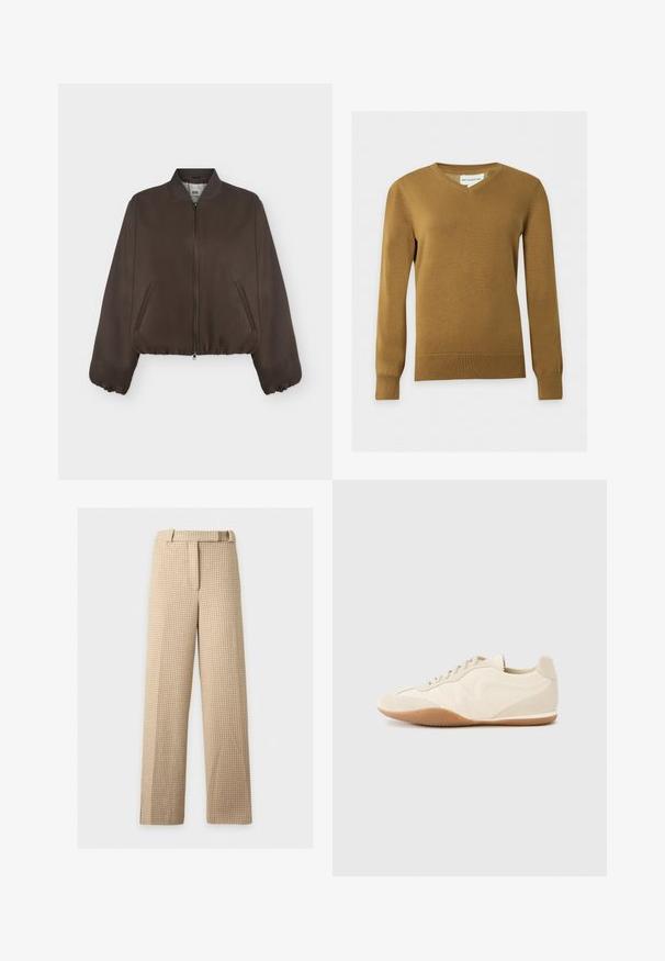 Veste bomber marron foncé avec fermeture éclair à l'avant, col côtelé, poignets élastiques et poches latérales sur un fond clair uni.; Pull en maille marron à col en V pour homme, manches longues, avec poignets et ourlet côtelés sur fond clair uni.; Pantalon droit à motif pied-de-poule beige et marron clair, avec passants pour ceinture et fermeture devant sur fond blanc.; Baskets beige clair avec une tige en cuir texturé, des panneaux latéraux texturés et une semelle en caoutchouc. Dotées d'un design fin et épuré ainsi que de lacets plats.