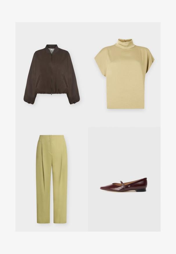 Veste bomber marron foncé avec fermeture éclair à l'avant, col côtelé, poignets élastiques et poches latérales sur un fond clair uni.; Haut beige à manches courtes avec un col montant et une fermeture par bouton à l'arrière du col.; Pantalon taille haute à jambe droite, vert olive clair, avec plis sur le devant et fermeture avant dissimulée sur fond blanc.; Chaussure plate en cuir verni bordeaux avec un bout pointu et une sangle décorative sur le cou-de-pied. Présente un petit talon noir.