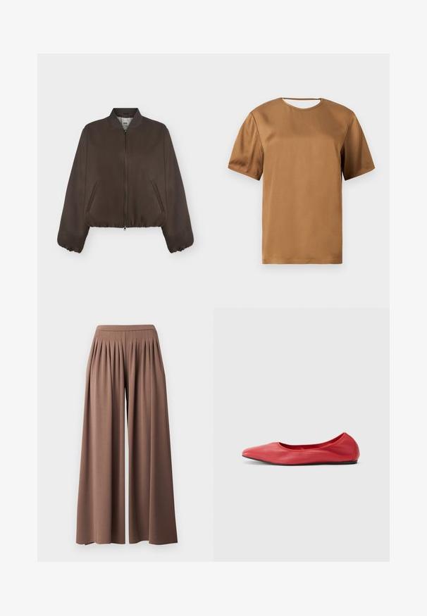Veste bomber marron foncé avec fermeture éclair à l'avant, col côtelé, poignets élastiques et poches latérales sur un fond clair uni.; Blouse en satin brun à manches courtes, avec un col rond et un petit détail découpé au niveau du col arrière.; Pantalon marron à jambes larges avec une taille haute et des plis sur le devant, créant une coupe fluide et décontractée.; Filippa K REY FLATS - Ballerines - bright red