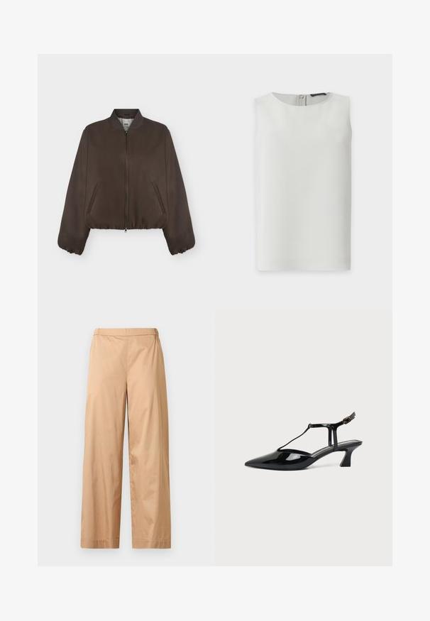 Veste bomber marron foncé avec fermeture éclair à l'avant, col côtelé, poignets élastiques et poches latérales sur un fond clair uni.; Blouse blanche sans manches avec encolure ronde et fermeture éclair visible dans le dos, présentée sur fond blanc uni.; Pantalon beige à jambes larges avec une taille haute, un devant plat et un ourlet droit, présenté sur un fond gris clair uni.; Chaussure slingback en cuir verni noir à bout pointu avec bride en T et petit talon bloc incliné sur fond blanc.