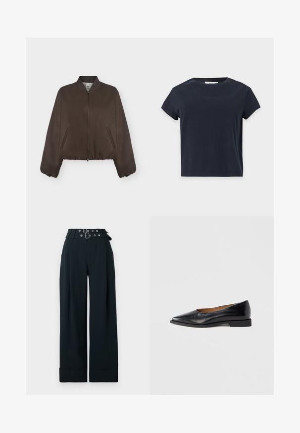 Veste bomber marron foncé avec fermeture éclair à l'avant, col côtelé, poignets élastiques et poches latérales sur un fond clair uni.; T-shirt noir uni à manches courtes et col rond avec un ourlet droit sur un fond gris clair.; Pantalons noir à jambes larges avec une taille haute, présentant un design à double ceinture, des boucles en argent et des accents de boutons. Texture de tissu lisse.; Chaussure plate en cuir noir avec un bout pointu et un petit talon carré. Texture lisse, design minimaliste, sans éléments métalliques visibles ni motifs.