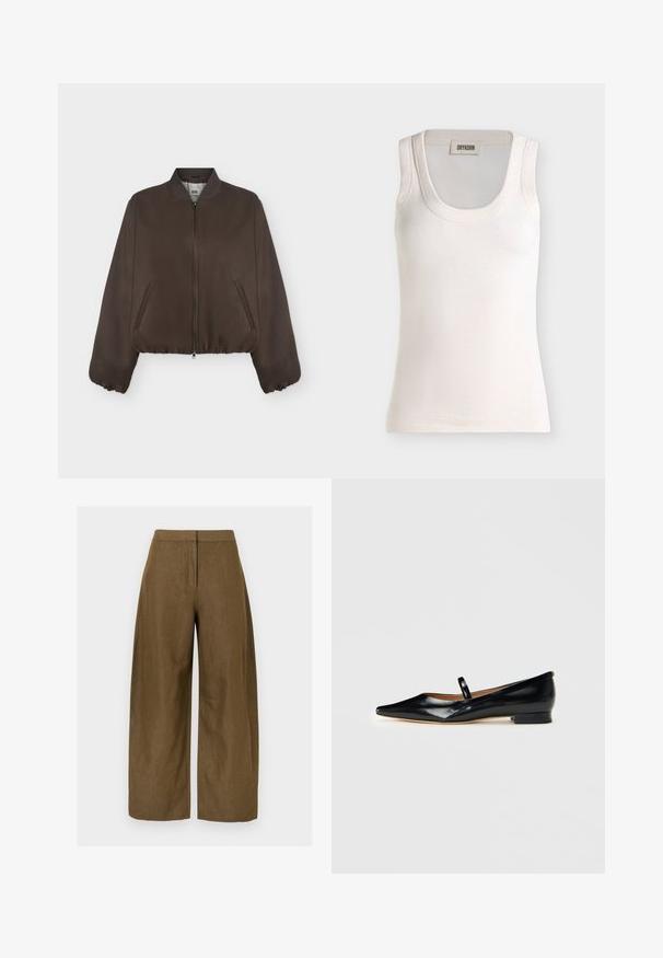 Veste bomber marron foncé avec fermeture éclair à l'avant, col côtelé, poignets élastiques et poches latérales sur un fond clair uni.; Débardeur blanc côtelé sans manches avec encolure dégagée et étiquette de la marque Drykorn à l'intérieur du col.; Pantalon large en lin marron avec une texture lisse, doté d'une taille ajustée et de deux poches latérales. Le design offre une silhouette ample.; Chaussure plate Mary Jane en cuir verni noir, à bout pointu, avec une seule sangle et un petit talon sur fond uni.