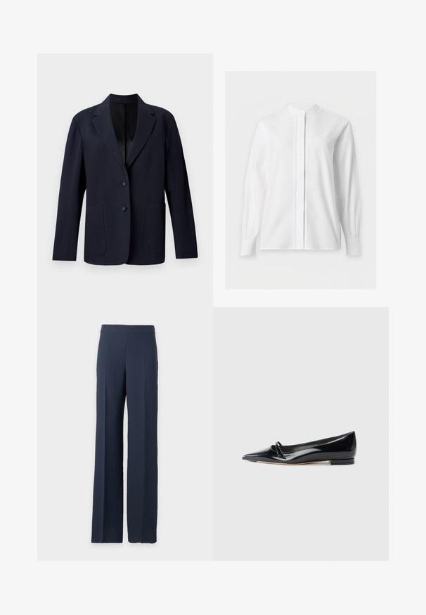 Marineblazer met een gestructureerd patroon, enkelgeknoopt ontwerp, pieklapels, twee voorzakken en twee knoopsluitingen.; Witte blouse met lange mouwen, mandarijnkraag en verborgen knoopsluiting, getoond op een effen witte achtergrond.; Donkerblauwe wijde broek met hoge taille en een strakke voorkant, weergegeven op een effen lichtgrijze achtergrond.; Zwarte gepatenteerde leren platte schoen met een puntige neus, een kleine decoratieve band en een lage blokhak. Gladde textuur en strak ontwerp.